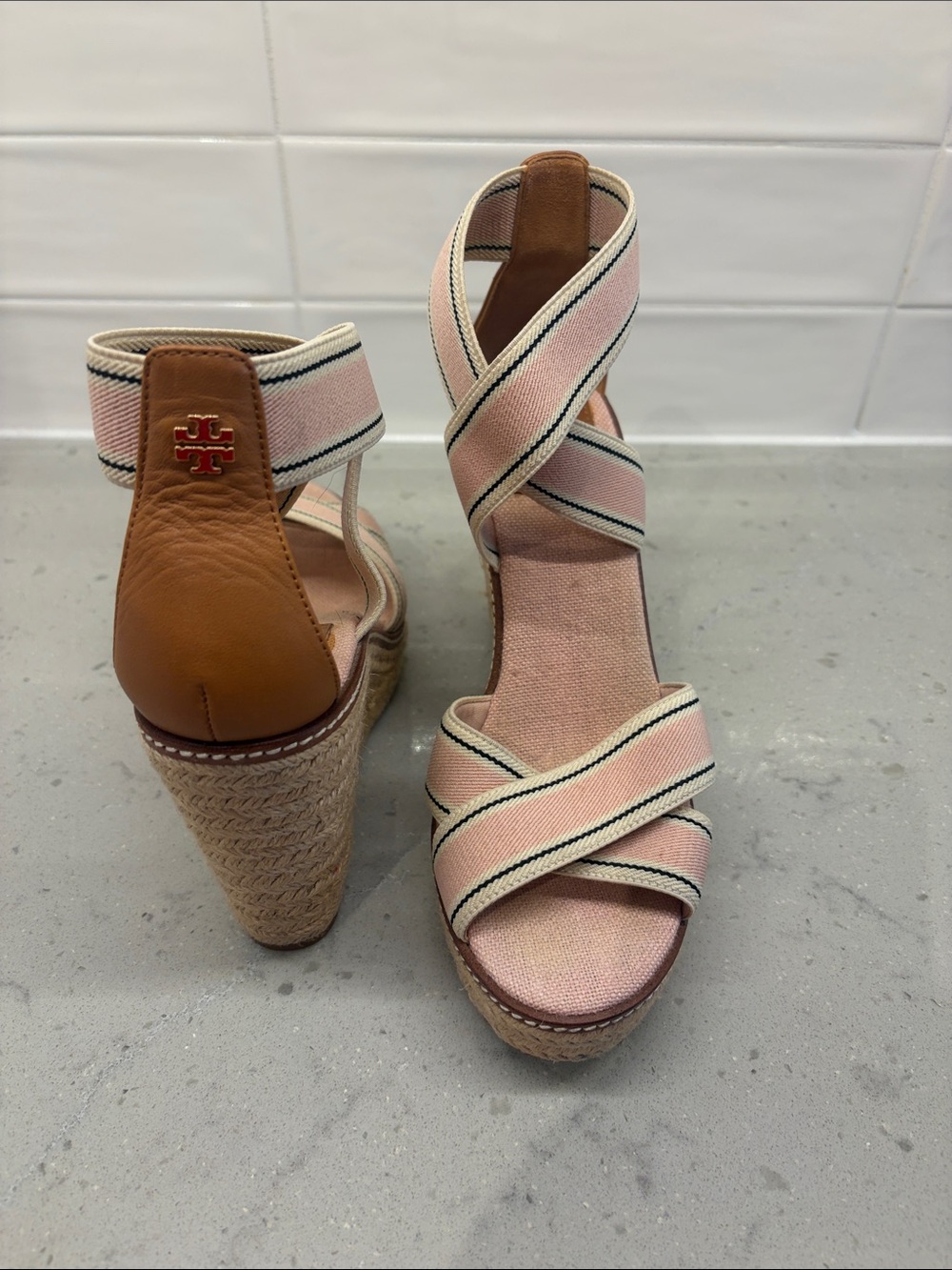 Tory Burch Frieda Pink Canvas Crisscross Espadrille Wedge Sandals
